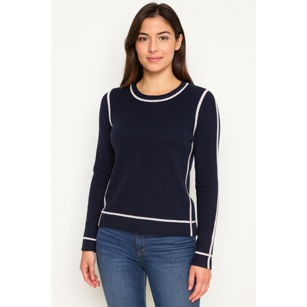 Women's J.Crew Cashmere Sweater S Navy Light Pink Trim